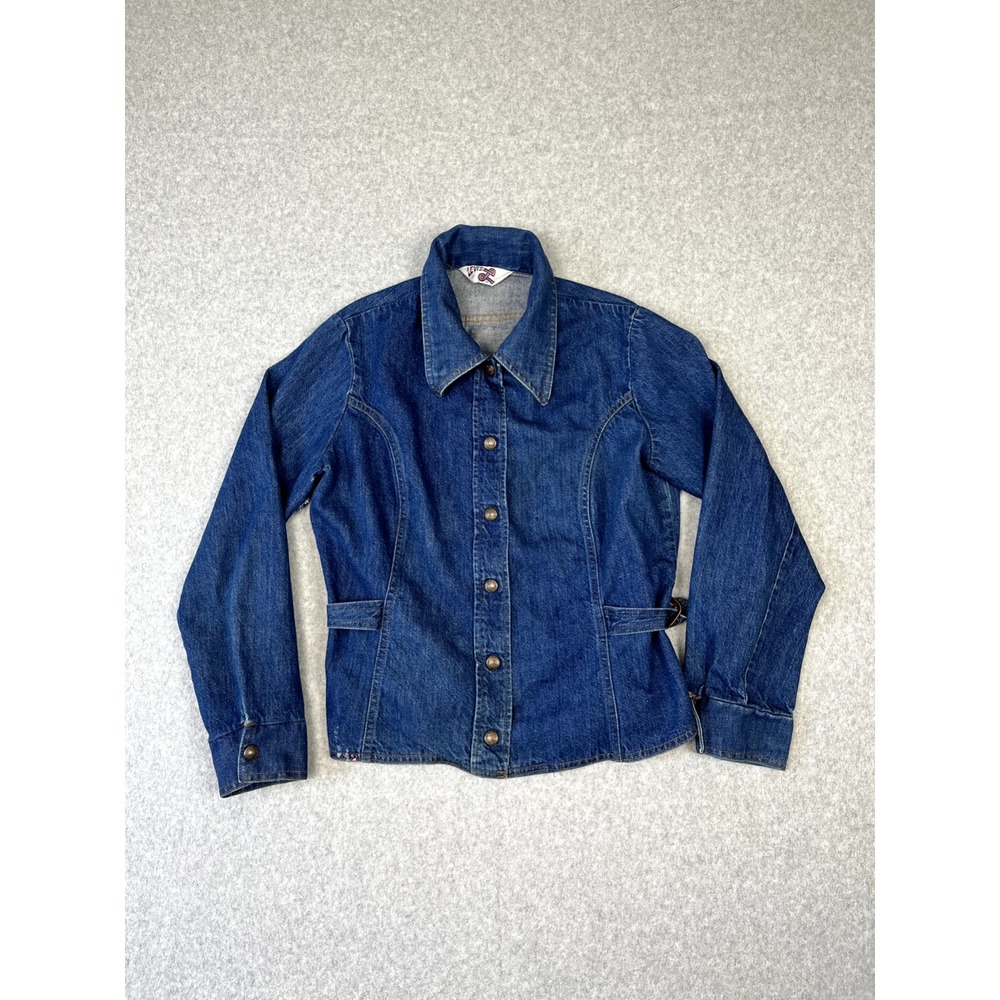 Vtg 70s Levis Jacket‎ Womens Small Blue Denim Orange Label Belt Straps Cursive L